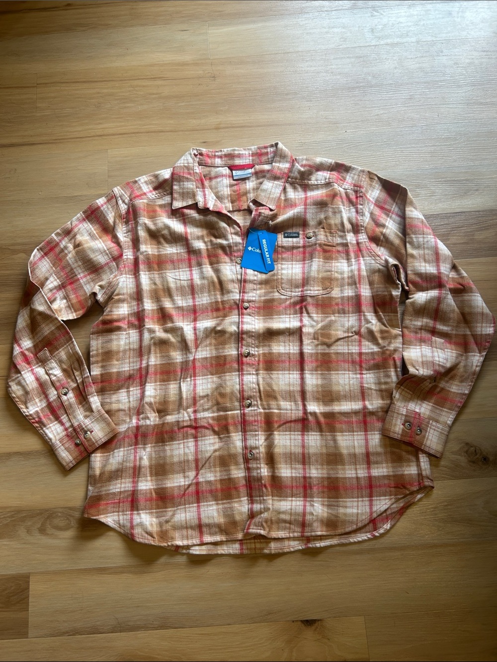 Columbia Men’s Tan and Red Plaid Long Sleeve Button-Up Shirt